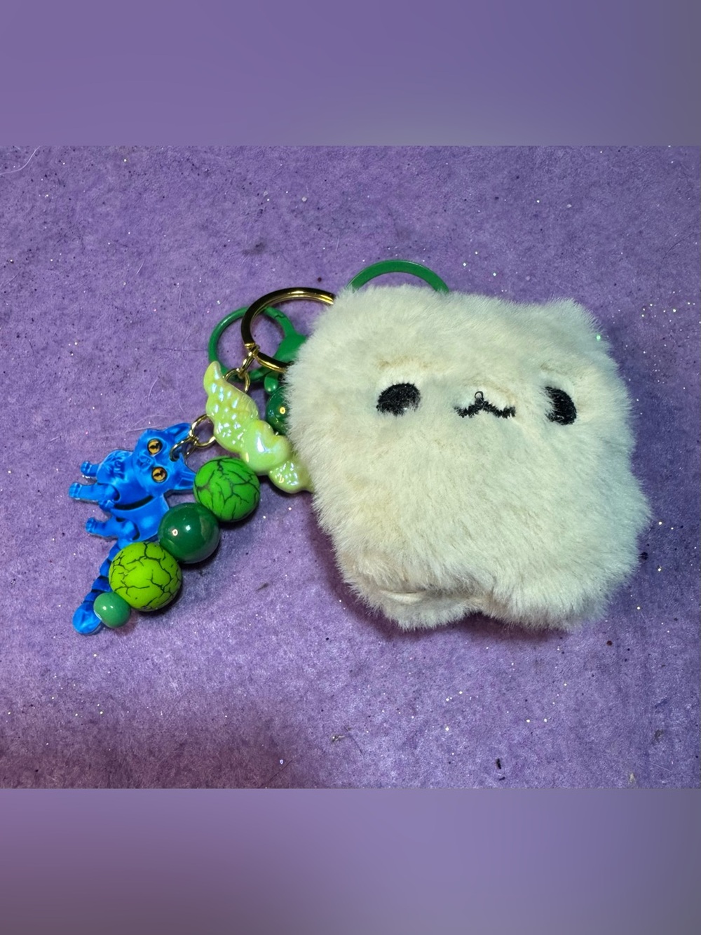 Plush Cream kawaii cat Keychain with Green Bead Charms
